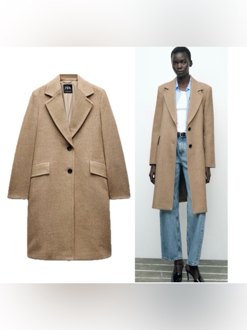 ZARA Camel Tan Brown Single-Breasted midi Coat flap pockets M NWOT bloggers fave